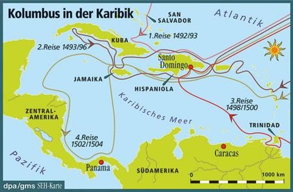 Auf Entdeckungsreise in der Neuen Welt: In den Jahren 1492 bis 1504 kam Christoph Kolumbus vier Mal in die Karibik. (Grafik: dpa)