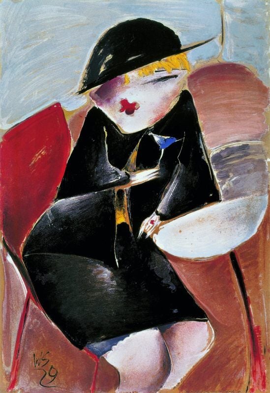 Werner Scholz: „Halbweltdame am Caféhaustisch“, 1929, Farblithografie auf Papier, Sammlung Frank Brabant (Ausschnitt)