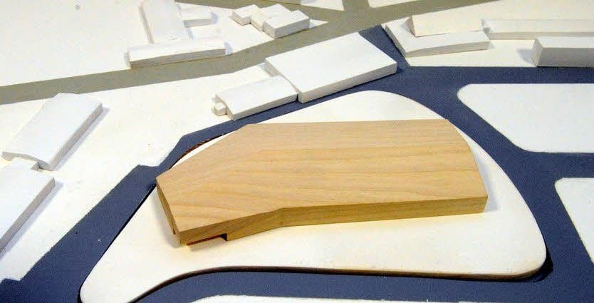 Das Modell des Siegerentwurfs. Die Festhalle wird am Wiesenweg gebaut.