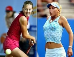 Die Bildkombo zeigt die beiden russischen Tennis-Spielerinnen Maria Scharapowa (l) und Anna Kurnikowa auf dem Tenniscourt (Archivbilder). In Russland wächst eine neue Generation von Tennis-Spielerinnen heran, die auf dem Platz erfolgreicher sein will, als die von den Gazetten umschwärmte Kurnikowa. Bereits 13 junge Russinnen sind unter den besten 100 Spielerinnen platziert. (Foto: dpa)