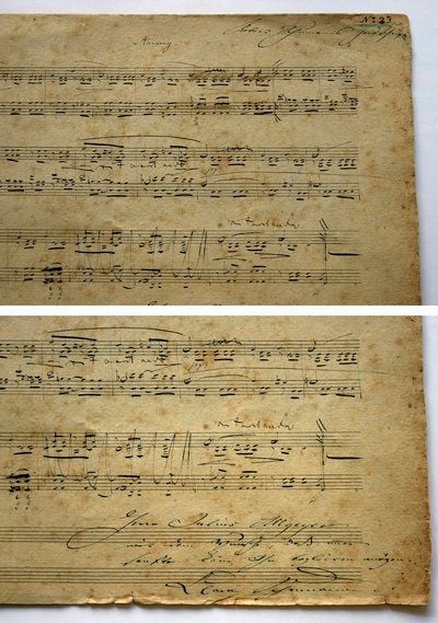 Das Notenblatt des Komponisten Robert Schumann (1810-1856) ist mit einer Widmung (unten) der Komponistin Clara Schumann (1819-1896) versehen. In der Leopold-Sophien-Bibliothek in Überlingen am Bodensee ist das bislang unbekannte Notenblatt des Komponisten entdeckt worden. (FOTO: DDP)