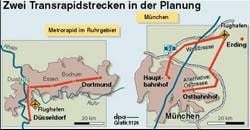 Die geplanten Transrapidstrecken im Ruhrgebiet