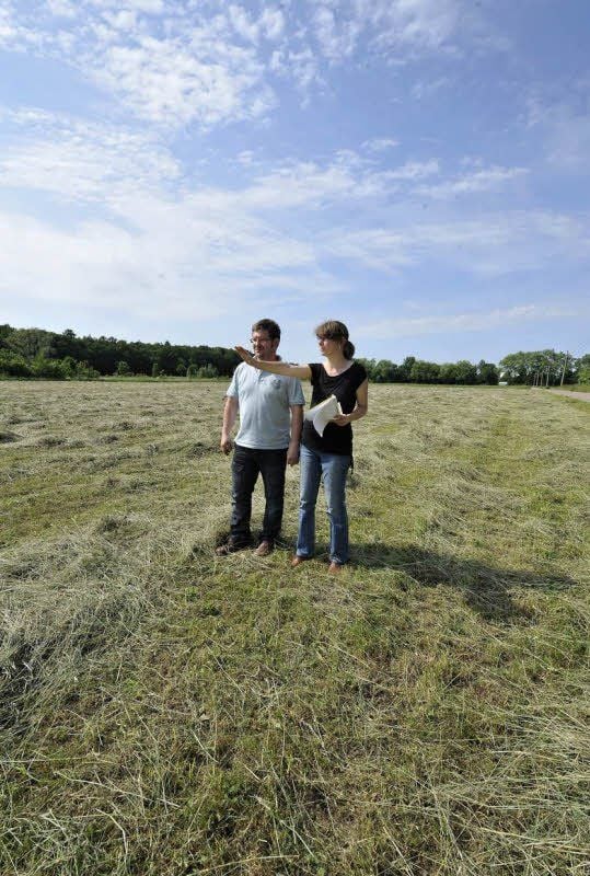 Links führt die Wolfener Chaussee am Rande der Mosigkauer Heide entlang, rechts die Straße Dietrichshain, an die Wohngrundstücke angrenzen. Das frisch gemähte Feld dazwischen, auf dem Jana und Swen Allrich stehen, soll zum Solarfeld werden. Dagegen wendet sich die Bürgerinitiative.