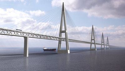 Die Computergrafik zeigt die Schrägseilbrücke über den Fehmarnbelt, die Meerenge zwischen der schleswig-holsteinischen Ostsee-Insel Fehmarn und der dänischen Insel Lolland. (FOTO: DPA)