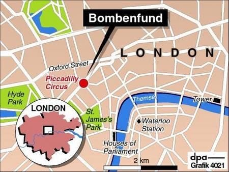 Karte zum Bombenfund in der Londoner Innenstadt am 29. Juni 2007 (Grafik: dpa)
