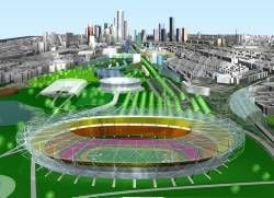 Die Computersimulation zeigt das Modell des olympischen Sportkomplexes vor der Skyline von Frankfurt am Main. Die Mainmetropole bewirbt sich um die Ausrichtung der Olympischen Spiele im Jahr 2012. Kleine Entfernungen und große Begeisterung: Mit diesen Pfunden will Frankfurt bei der Bewerbung um die Olympischen Spiele 2012 wuchern. (Foto: dpa)