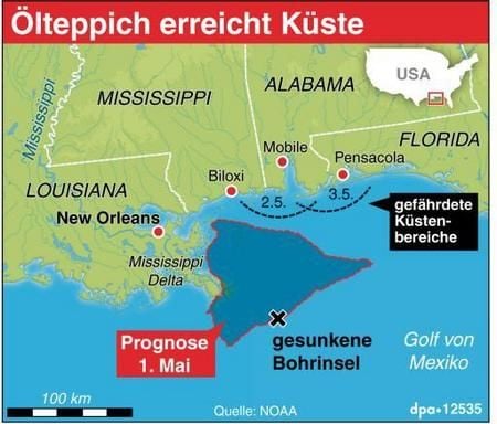 Infokarte mit der Prognose der Ölausbreitung für den 1. Mai und gefährdete Küstenabschnitte an den Folgetagen. (GRAFIK: DPA) (GRAFIK: DPA)