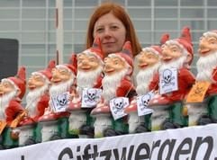 Die Chemieexpertin des BUND (Bund für Umwelt und Naturschutz Deutschland), Patricia Cameron, stellt am Dienstag (15. November 2005) vor dem Europaparlament in Straßburg «Giftzwerge» auf eine Mauer, um gegen die Chemikalienpolitik der EU zu protestieren. (Foto: dpa)