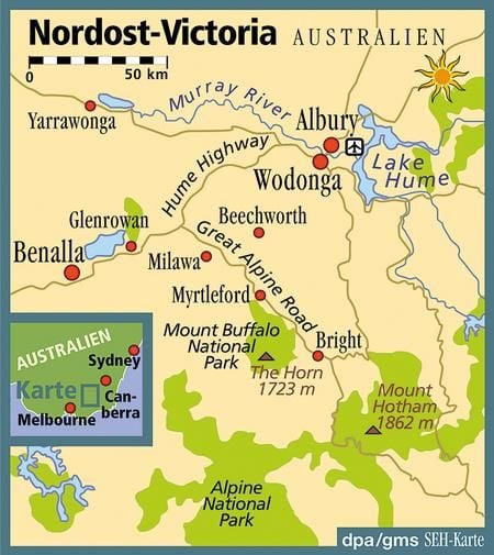 Fern der Küste und der großen Städte: Im «Ned-Kelly-Country» im Nordosten Victorias ist Australien sehr ländlich. Neben den Geschichten rund um Ned Kelly locken auch die Berge entlang der Great Alpine Road viele Touristen an. (Grafik: dpa)