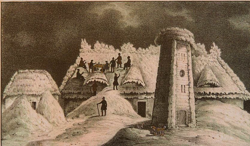 Hang zur Exzentrik: Diese Brockenbesucher trinken am 26. Februar 1850 ihren Tee auf dem Dach des Brockenhauses.
