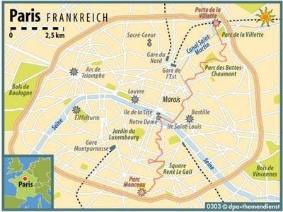 20 Kilometer durch Paris: Wer die französische Hauptstadt von Nord nach Süd durchwandert, wird mit vielen neuen Einblicken belohnt. (GRAFIK: DPA)