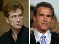 Die Bildkombo zeigt den Schauspieler Jürgen Prochnow (l) am 16.12.2002 in Cuxhaven und den kalifornische Gouverneur und Filmstar Arnold Schwarzenegger am 7.10.2003 in Los Angeles. Prochnow (63, «Das Boot») soll in einem Fernsehfilm Arnold Schwarzenegger (56), spielen. Nach einem Bericht des Fachblattes «The Hollywood Reporter» vom Montag (12.07.2004) verhandelt der US-Sender A&E derzeit mit Prochnow um die Hauptrolle in der TV-Biografie «See Arnold Run». J.B. Rogers («American Pie 2») will die Regie übernehmen. Die Dreharbeiten sollen im August beginnen. (Foto: dpa)