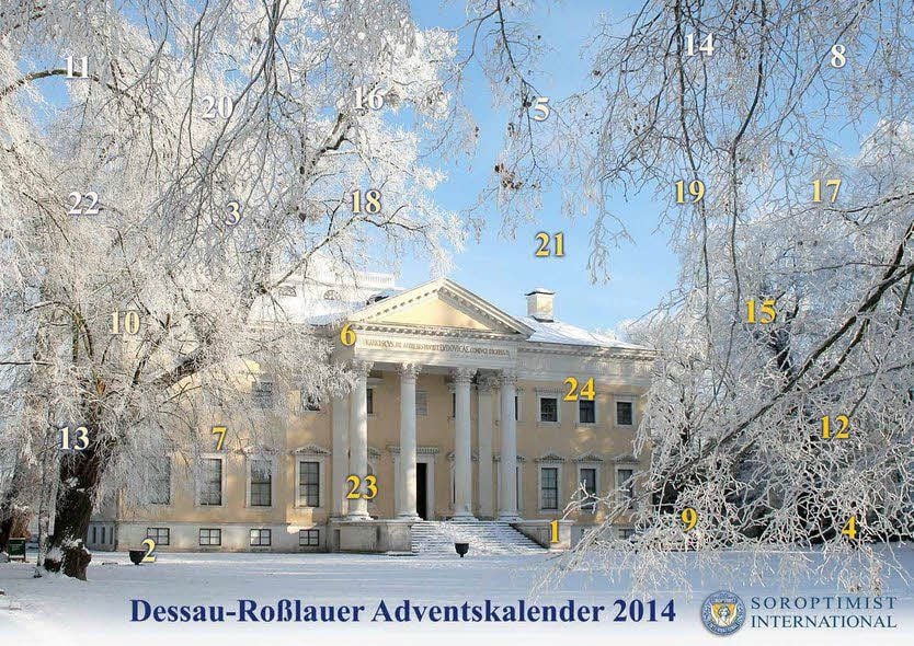 Den Adventskalender der Soroptimistinnen 2014 ziert das Wörlitzer Schloss im Schnee. Das Foto dafür wurde von der Kulturstiftung zur Verfügung gestellt.
