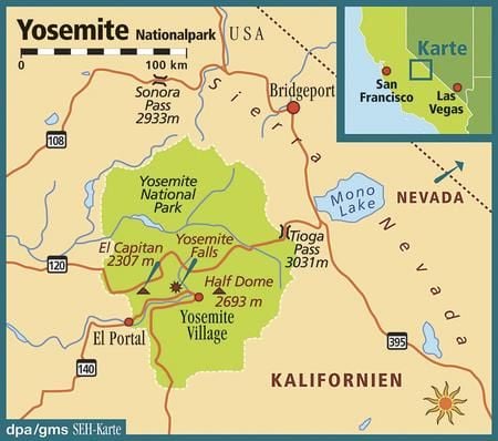 Naturparadies im Hinterland Kaliforniens - der Yosemite Nationalpark in der Sierra Nevada besteht bereits seit 1890. (Grafik: dpa)