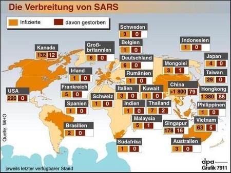 Karte zur Verbreitung von SARS (Grafik: dpa)