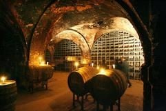 Nur von Kerzen spärlich beleuchtet lagern in den Kellern von Kloster Eberbach dutzende Eichenfässer mit kostbaren Weinen (Foto: dpa)