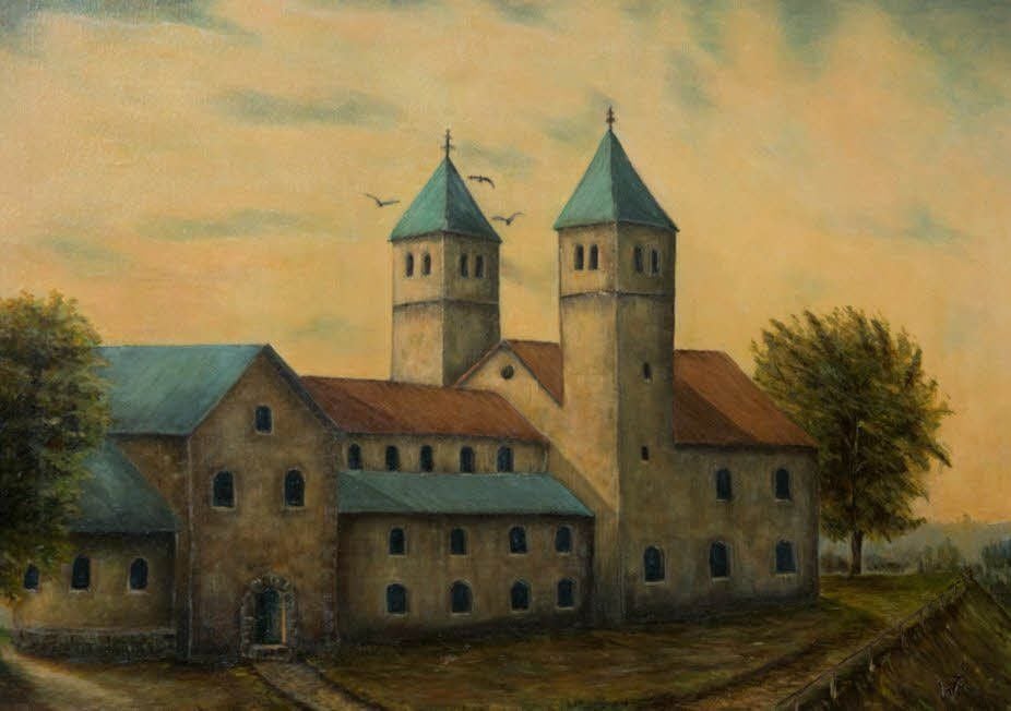 Auf diesem Bild, das im Nordturm hängt, ist dargestellt, wie die Marienkirche auf dem Münzenberg einmal ausgesehen haben könnte.