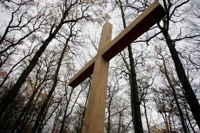 Ein Holzkreuz steht im Biosphärenreservat in der Nähe von Dessau-Rosslau im ersten Friedwald von Sachsen-Anhalt neben Eichen. (FOTO: DDP)