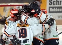 Die Spieler der Eisbären jubeln über einen Treffer. (Foto: dpa)