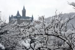 Blick auf das verschneite Schloss von Wernigerode, aufgenommen am Donnerstag (23. Februar 2006). Das auf dem 120 Meter hohen Agnesberg stehende Barockschloss der Fürsten zu Stolberg-Wernigerode wurde im 17. Jahrhundert erbaut. (Foto: dpa)