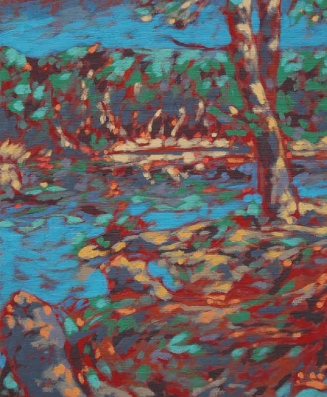 „Blaues Auge – Impressionistisch befreit“ (2014) ist eine der Varianten des Malers Mark Krause, die das Gewässer aus der Pretzscher Umgebung zeigt.