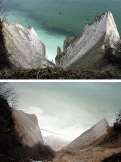 Der romantische Blick von den Wissower Klinken, einer Touristenattraktion der Kreideküste auf der Insel Rügen unweit des Königsstuhls (Archivbild vom 12.02.2002) ist in der Bildkombo oben zu sehen. Unten die Reste der Wissower Klinken, aufgenommen am Donnerstag (24.02.2005). Zwei bis zu 20 Meter hohe Hauptzinnen der Kreideformation «Wissower Klinken» sind nach Angaben des Nationalparkamts in der Nacht zum 24.02.2005 in die Tiefe gestürzt. Bereits vor wenigen Tagen war ein großes Stück aus der Formation gebrochen. Ursache sind eiszeitliche Schichten, die auf die davor gelagerte Kreide extremen Druck ausüben. Die Kreideküste ist auch durch die Werke des Malers Caspar David Friedrich bekannt. (Foto: dpa)