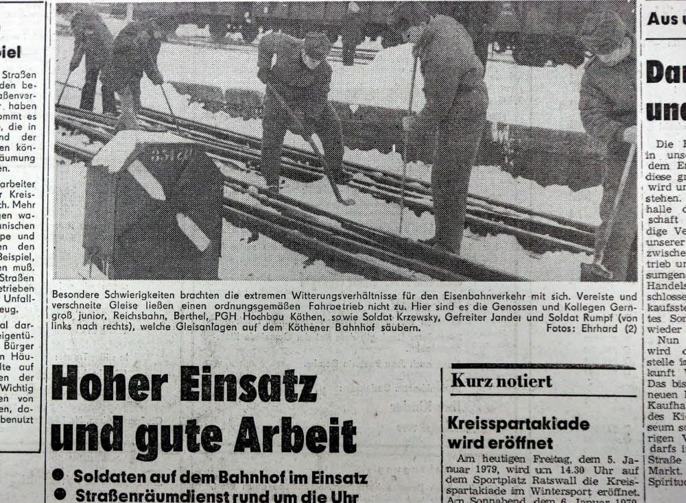 Die „Freiheit“ vom 5. Januar 1979 berichtete über den Einsatz von Soldaten der Volksarmee auf dem Köthener Bahnhof.