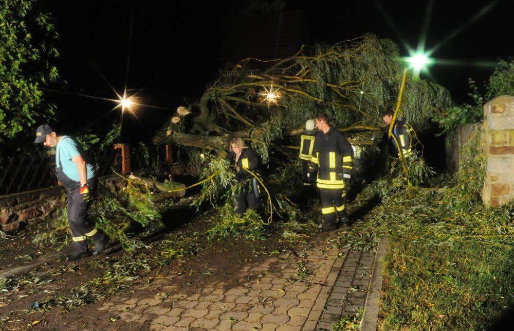 Nach dem Unwetter: Zu nächtlicher Stunde räumten Feuerwehrleute in Hornburg einen Baum von der Straße.