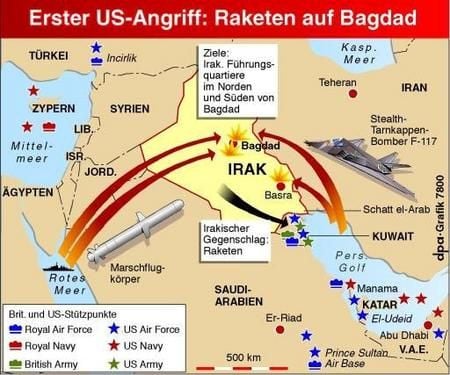 Erster US-Angriff: Raketen auf Bagad (Grafik: dpa)