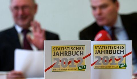 Hinter dem statistischen Jahrbuch 2012 für Sachsen-Anhalt sitzen der Präsident des Statistischen Landesamtes Manfred Scherschinski (l.) und Sachsen-Anhalts Innenminister Holger Stahlknecht (CDU). (FOTO: DPA)