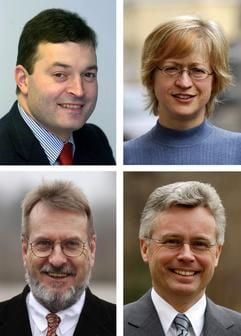Die Bilder zeigen vier der acht Kandidaten zur Oberbürgermeisterwahl am 10. April in Leipzig. Oben links Robert Clemen (CDU), rechts Barbara Höll (PDS), unten links Bernd-Rüdiger Kern (DSU), rechts Ulrich Keßler (FDP). (Foto: dpa)
