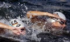 Parallel schwimmen die deutschen Langstreckenschwimmerinnen Angela Mauer (r) und Britta Kamrau am Mittwoch (16.07.2003) bei den Schwimm-Weltmeisterschaften in Barcelona über die 10 km Langstrecke der Frauen. Mauer gewann die Silbermedaille, Kamrau wurde Fünfte. (Foto: dpa)