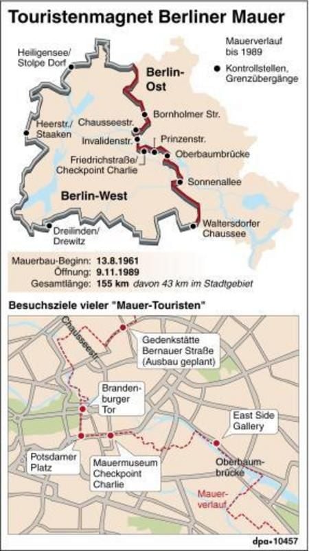 Verlauf der Mauer in Berlin bis 1989, interessante Ziele für «Mauer-Touristen» (GRAFIK: DPA)