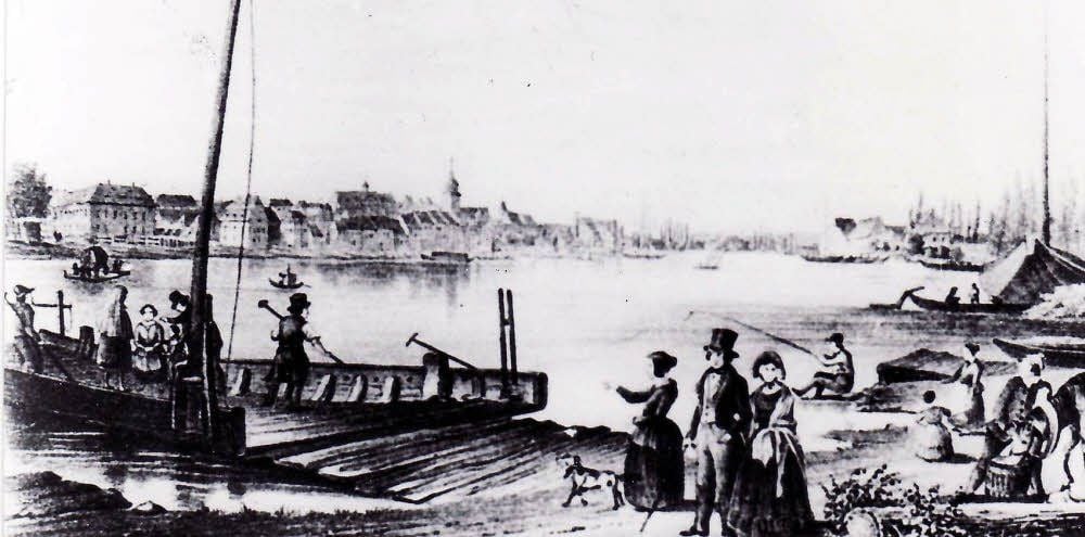 Blick auf die Schifferstadt Alsleben um das Jahr 1800.