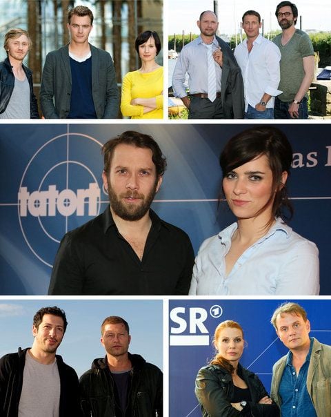 Die Kombo zeigt die fünf neuen ARD-«Tatort»-Teams, die 2013 an den Start gehen. Oben, l-r: das Erfurter Team mit Benjamin Kramme, Friedrich Mücke und Alina Levshin, das norddeutsche Team mit Achim Buch, Wotan Wilke Möhring und Sebastian Schipper. Mitte: das Weimarer Team mit Christian Ulmen und Nora Tschirner. Unten, l-r: das Hamburger Team mit Fahri Yardim und Til Schweiger sowie das Saarbrücker Team mit Elisabeth Brück und Devid Striesow