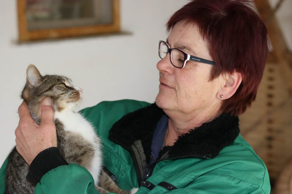 Marlies Häßler vom Tierheim Sangerhausen hält Katze Minka auf dem Arm. Am Silvesterabend kommen die Heimtiere in geschlossene Räume.
