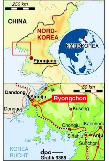 Unglücksort Ryongchon an der chinesischen Grenze (Grafik: dpa)