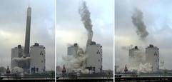 Die Bildkombination zeigt die Sprengung des 256 Meter hohen Schornsteines des Kraftwerkes am Moorburger Elbdeich am Samstag (24.04.2004) in Hamburg. Das nach dem Fernsehturm zweithöchste Gebäude der Hansestadt fiel planmäßig in sich zusammen. Die beiden Kesselhäuser des seit 2001 stillgelegten Kraftwerkes werden später gesprengt. (Foto: dpa)