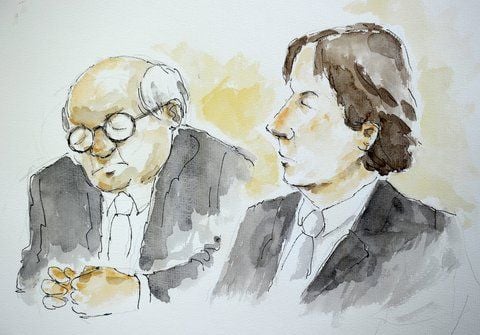Eine Gerichtszeichnung zeigt beim 4. Prozesstag im Fall Jörg Kachelmann in Mannheim den wegen Vergewaltigung angeklagten Wettermoderator mit einem seiner Anwälte, Reinhard Birkenstock. (FOTO: DPA)