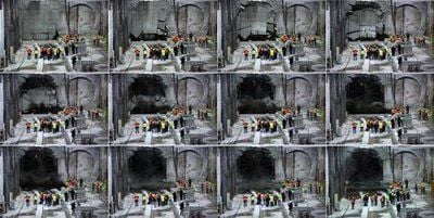 Die Kombo zeigt in 12 Bildern den Durchbruch des Riesenbohrers «Leonie» an der zukünftigen Haltestelle im Leipziger City-Tunnel. Der Bau des Leipziger City-Tunnels kostet wegen unvorhergesehener technischer Schwierigkeiten mehr Zeit und Geld als geplant. (FOTO: DPA)