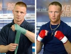 Anlässlich eines Pressetermins zur Box-Europameisterschaft im Supermittelgewicht in Frankfurt (Oder) zeigen sich am Dienstag (20.07.2004) auf der Kombo der dänische Boxer Rudy Markussen (r) und sein deutscher Gegner Danilo Häußler. Am 24.07.2004 (Samstag) findet in Frankfurt (Oder) zwischen Häußler, der in der Oderstadt wohnt, und Markussen die Europameisterschaft im Supermittelgewicht statt. Der 28-jährige Danilo Häußler will sich gegen den zwei Jahre jüngeren Markussen den Titel wiederholen, den er schon mal für über zweieinhalb Jahre in seinem Besitz hatte, ehe er ihn am 4. Oktober 2003 in Riesa an den Dänen Mads Larsen verlor. Der hat ihn inzwischen niedergelegt, weil er um die WM des Verbandes WBA kämpfen will. Die Europäische Boxunion bestimmte daher Häußler und Markussen als Gegner für den vakanten Europameistertitel. (Foto: dpa)