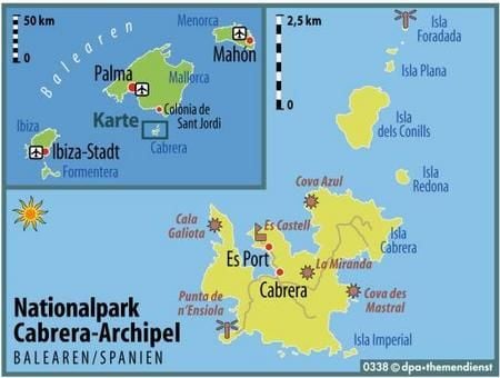 Im Mittelmeer und direkter Nachbarschaft zu Mallorca: die Insel Cabrera. (GRAFIK: DPA)