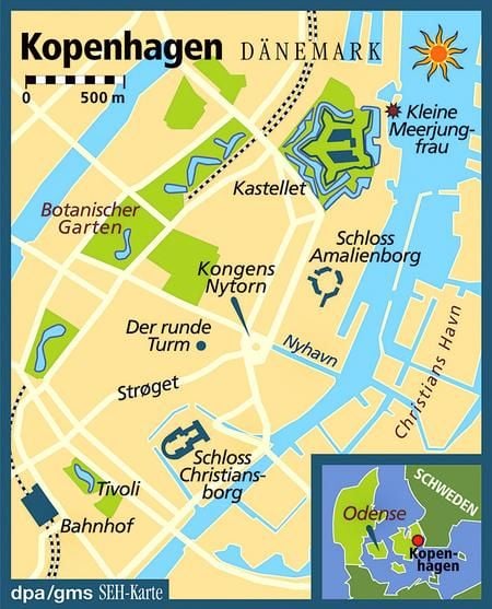 Übersichtliche Metropole - obwohl sich die Bevölkerungszahl Kopenhagens mit fast 1,4 Millionen Menschen im Vergleich zu Andersens Zeiten fast verzehnfacht hat, hat die Stadt ihre Beschaulichkeit bewahrt. (Grafik: dpa)