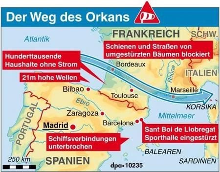 Weg des Orkans, der in Frankreich und Spanien wütete (GRAFIK: DPA)