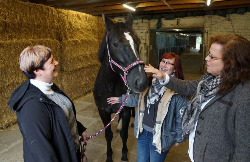 Vereinsvorsitzende Linda Lerche (li.) und Kassenwartin Christin Lemke (m.) freuen sich mit Stute Diva über den Besuch von Lotto-Mitarbeiterin Astrid Wessler.