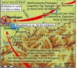 Karte zur Flugzeugkollision über dem Bodensee