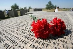 Rote Nelken liegen am Samstag (09.09.2006) auf dem deutschen Soldatenfriedhof Rossoschka bei Wolgograd auf einem Granitwürfel. Auf den insgesamt 107 Granitwürfeln sind mehr als 100 000 Namen von Soldaten eingraviert, die seit den Kämpfen um Stalingrad während des Zweiten Weltkriegs verschollen sind. (Foto: dpa)