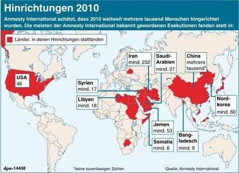 Weltkarte mit den Ländern, in denen 2010 die Todesstrafe vollzogen wurde. (GRAFIK: DPA)
