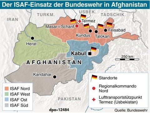 Infokarte mit den Standorten der Bundeswehr in Afghanistan (Kundus, Masar-i-Scharif,Feisabad, Talokan, Termez, Kabul). (GRAFIK: DPA)