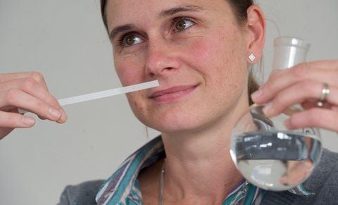 Einen Duft prüft die Mitarbeiterin Delphine Dumas-Mittelberger mit einem Duftstreifen in der Miltitz Aromatics GmbH. (FOTO: DPA)
